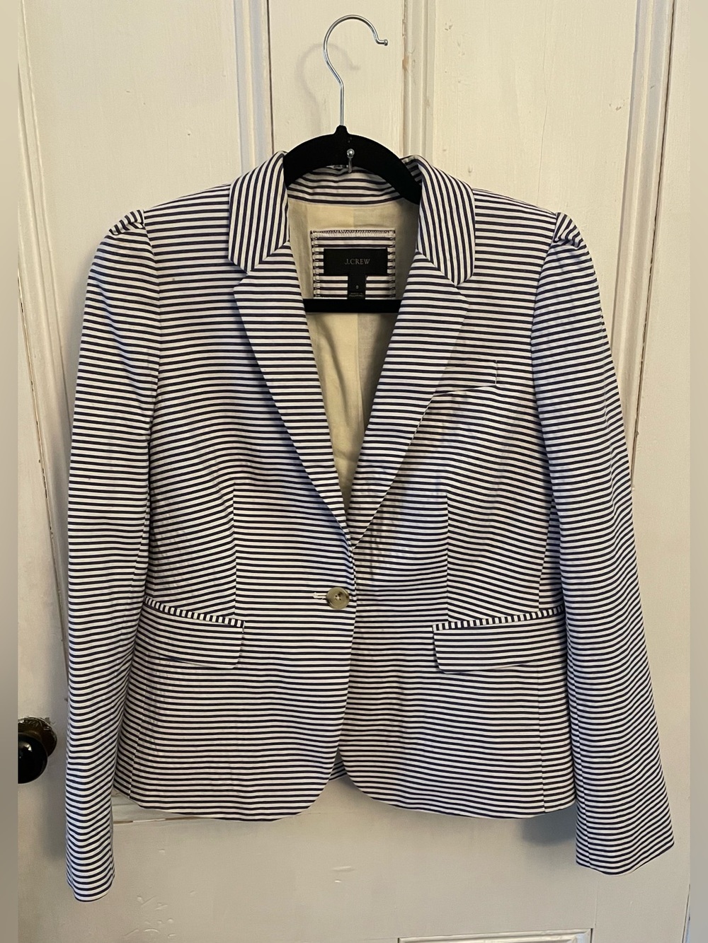 J.Crew 100% Cotton Striped Blazer Jacket Navy & White Size 8 Preppy Coastal